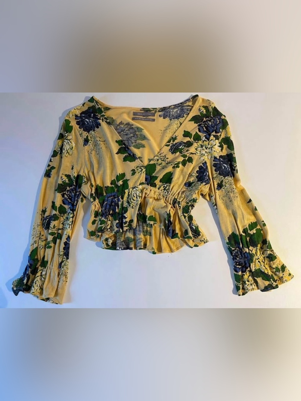 Floral Surplice Ruffle Hem Long-Sleeve Top - Yellow - xsmall - urban outfitters